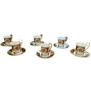 Yau Shing Gold Black Pink Rose Porcelain Demitasse Cup & Saucer 12 Piece Set
